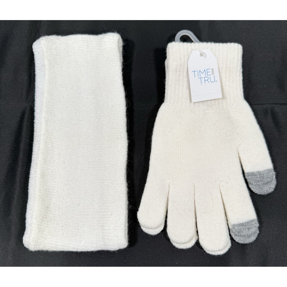 Time and Tru Headband and Glove Set Womens One Size Cream Touchscreen Knit